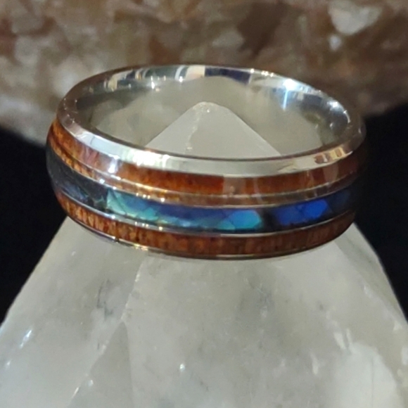 Fire Opal Koa Engagement Wedding Band Ring Unisex - Picture 5 of 6